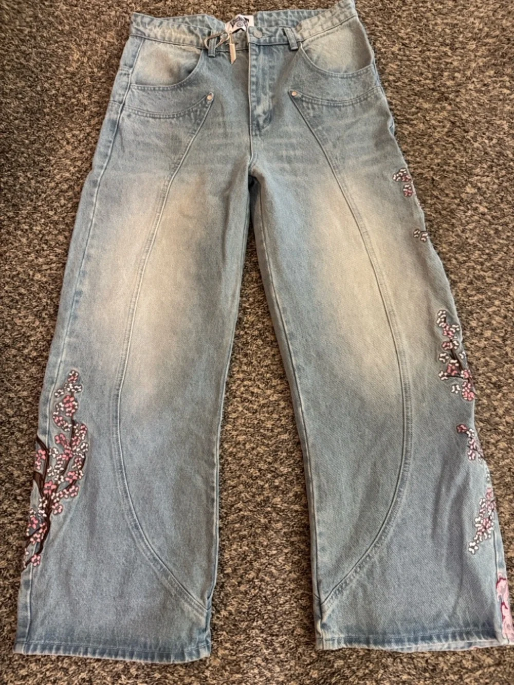 Light Blue Embroidered Men’s Jeans with Pink Floral Detail - Picture 2 of 8